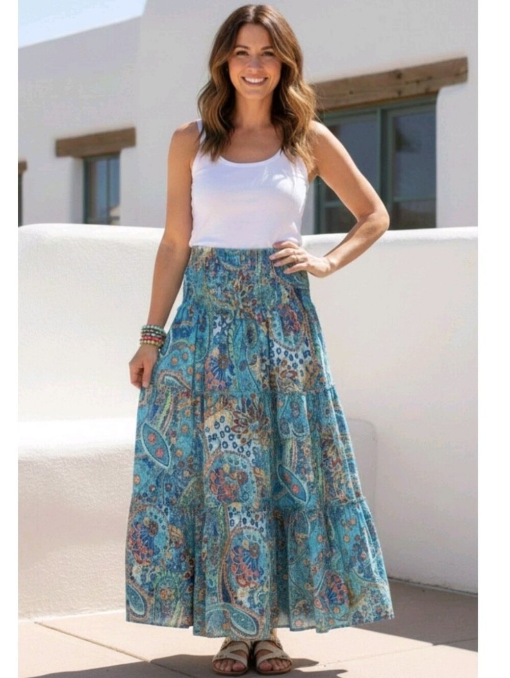 Ralph Lauren Blue Smocked Cotton Paisley Maxi Skirt Size L